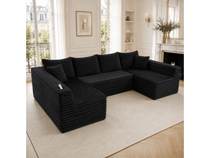 Canapé d'angle revêtement en cord porte-gobelets intégrés poches latérales garnissage à ressorts 4 coussins de dossier 2 coussins décoratifs forme ergonomique