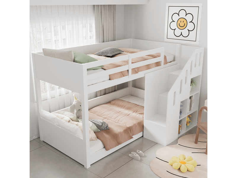  Lit superposé enfant 90x200 blanc en bois massif avec escalier et rangements - barrière de sécurité robuste  - Conforama D