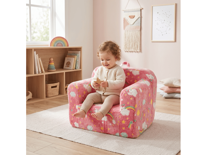  Fauteuil enfant 64 x 49 x 49 cm rose en tissu et mousse, avec accoudoirs, poignée et housse lavable  - Conforama C