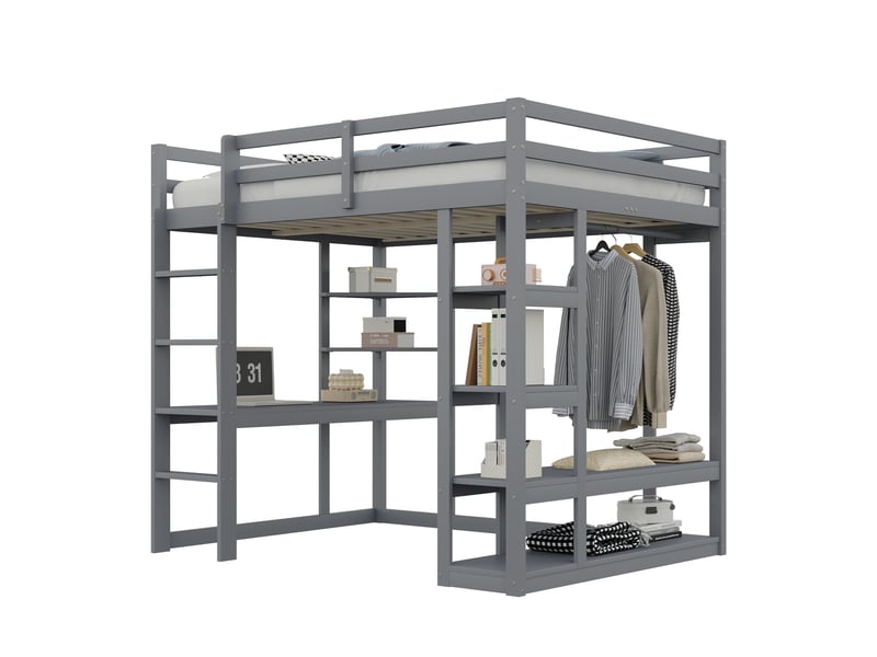 Lit mezzanine 140x200 cm - lit double avec bureau intégré, espaces de rangement et échelle robuste - mdf - gris - Conforama A