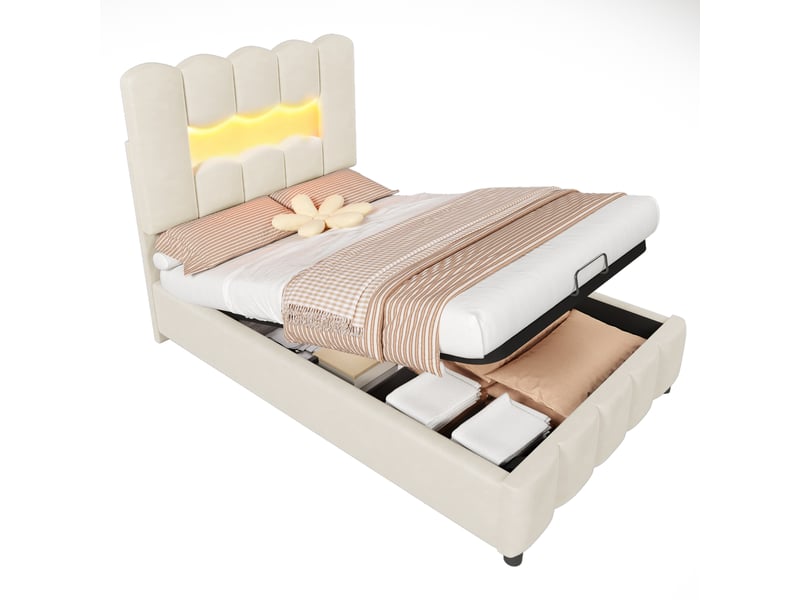  Lit coffre enfant 90x200 cm avec éclairage led multicolore, tête réglable et sommier, velours et mdf, beige, sans matelas  - Conforama A