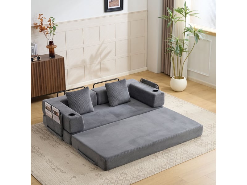 Canapé de sol compressible dossier coussin accoudoir intégré porte-gobelet poche latérale tissu côtelé gris foncé - Conforama B