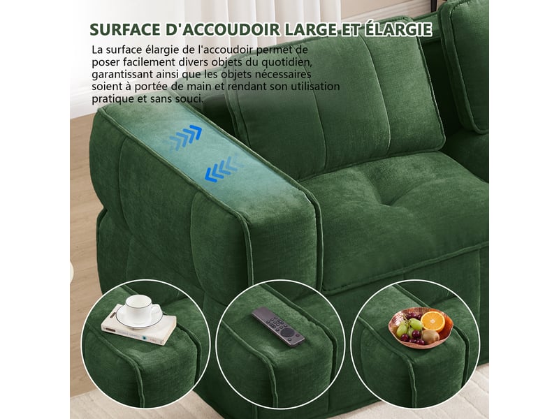 Canapé modulable 4 places d'angle avec pouf en polyester vert 344x162x67 cm, assise profonde, salon séjour W3325S00511 - Conforama E
