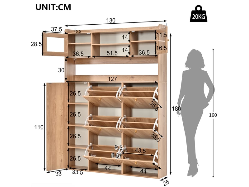 Meuble à chaussures 130 x 25 x 180 cm naturel en panneau de particules, 6 compartiments basculants à led - Conforama C