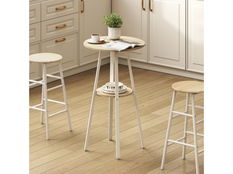  Table haute ronde avec étagère, table de cuisine ou de salle à manger moderne, pour 2 personnes, naturel et blanc  - Conforama C