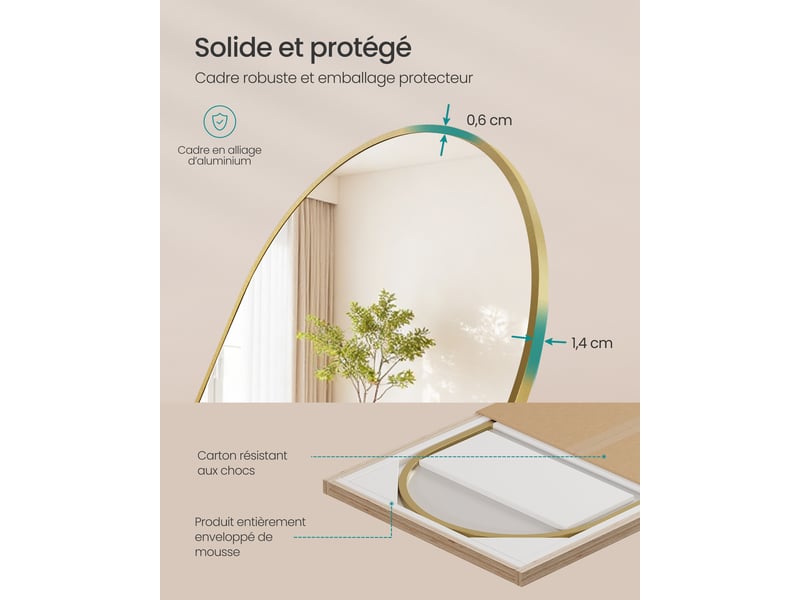 Miroir intégral arqué sur pied, 160 x 50 cm, verre trempé, doré clair - Conforama E