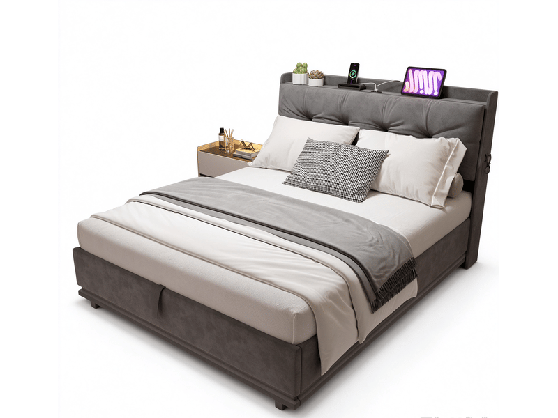  Lit 160 x 200 cm en velours gris avec tête de lit rembourrée, port de chargement usb et éclairage led,idéal pour chambre d'amis,matelas non inclus  - Conforama A