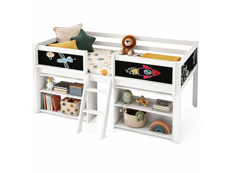  Lit mi-hauteur lit simple 90x200 cm avec étagères, échelle, garde-corps et tableau, sans matelas, blanc et vert  - Conforama A