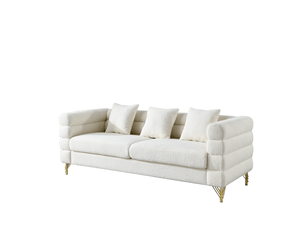 Canapé nuage droit 3 places, bouclé blanc, dossier ondulé nuageux, pieds métal dorés, coussins décoratifs, 205,7x81x71 cm, blanc