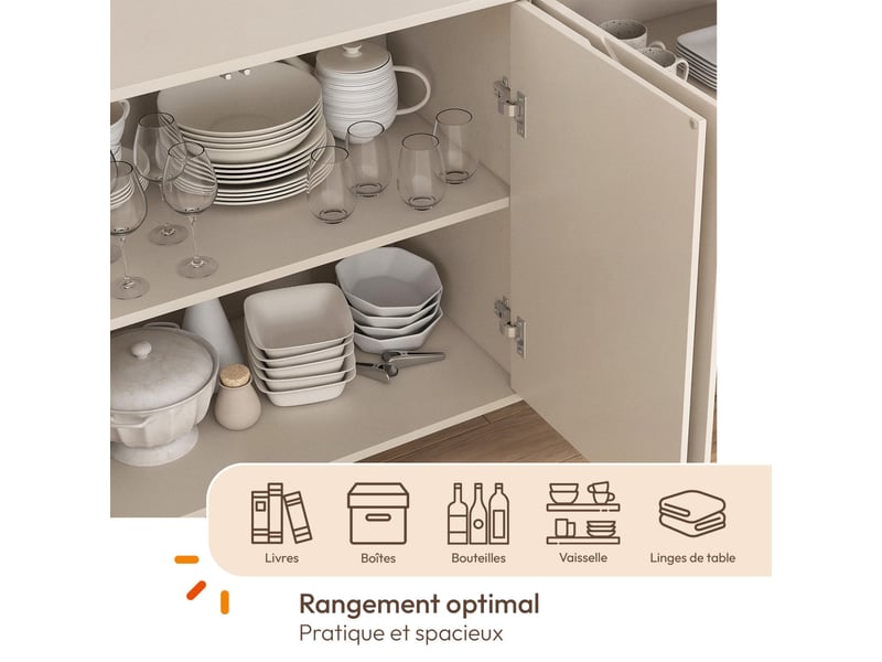  Buffet 160 cm arvin 4 portes avec reliefs arrondis bois coloris beige  - Conforama D