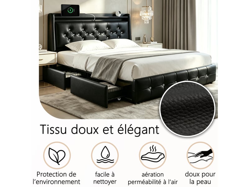  Lit 160x200 cm noir avec 4 tiroirs rangement, led, ports usb+type-c sans matelas EBD859Q-BK - Conforama E