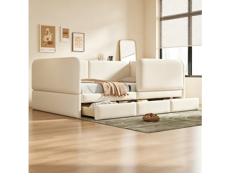  Lit enfant rembourré tcqpz 140 x 200 cm avec contour arrondi, 3 tiroirs de rangement, velours beige  - Conforama E