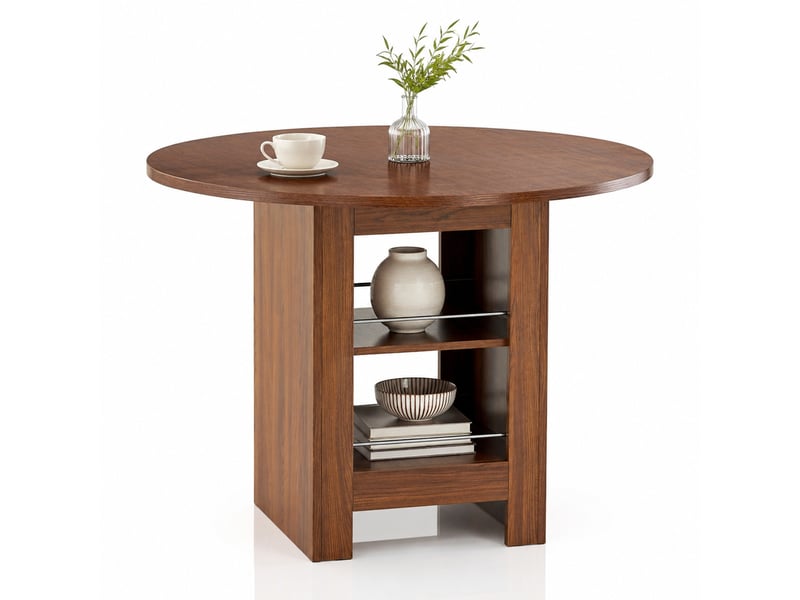  Table de salle à manger ronde, 100x100x76 cm, moderne espace de rangement, plateau mdf, piètement métal, coloris noyer  - Conforama A