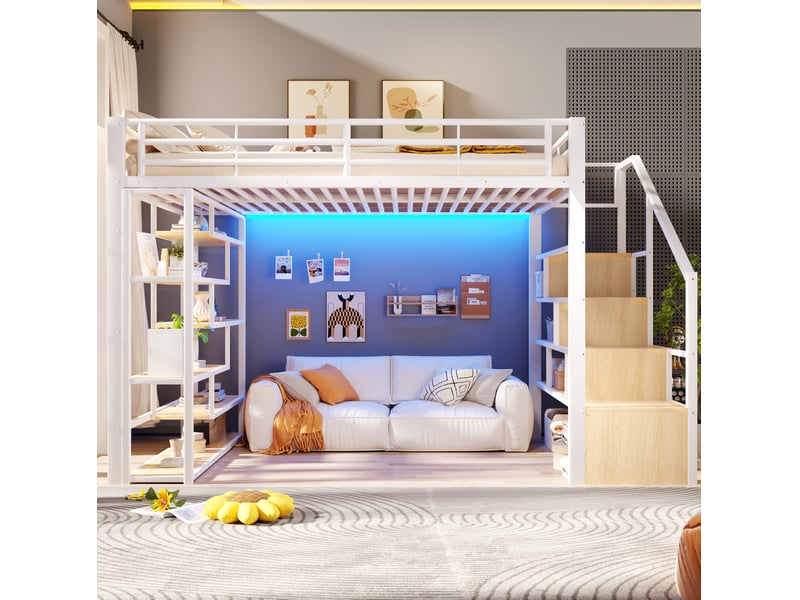  Lit surélevé enfant 140x200 cm, led multicolore, escalier rangements,  garde-corps métal mdf blanc sans matelas  - Conforama B