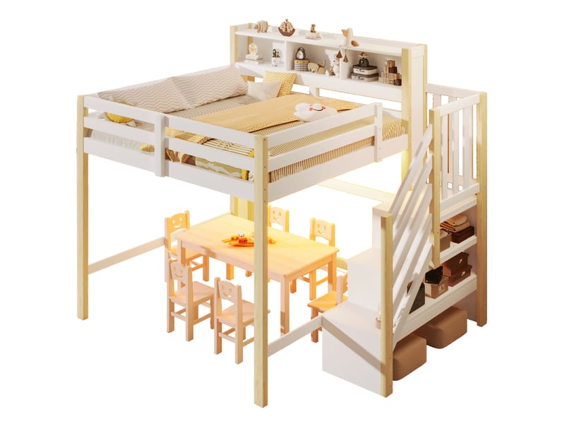  Lit mezzanine enfant 140x200 cm, led, escalier de rangement, espace sous le lit, mdf, blanc et naturel, sans matelas  - Conforama A