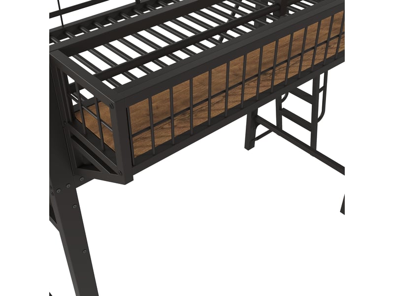  Lit mezzanine 90x200 cm noir, cadre en métal, espaces de rangement, espace inférieur ouvert, sans matelas  - Conforama D