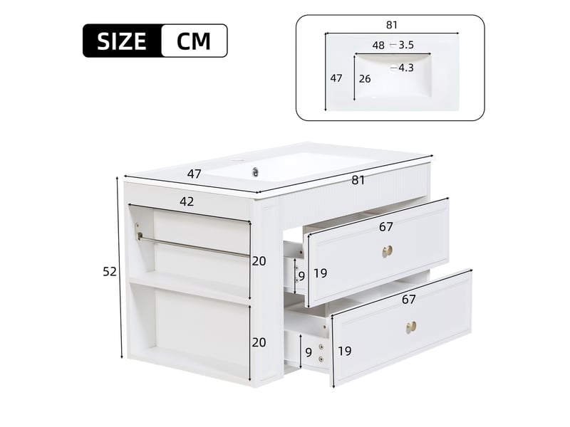  Meuble sous vasque suspendu 81x47x52 cm blanc avec lavabo en céramique  - Conforama C