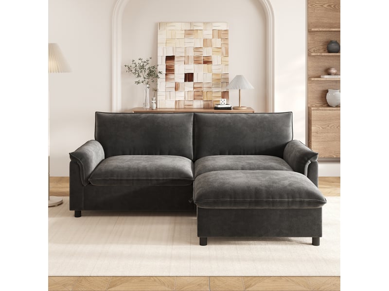  Canapé 3 places modulable gris en chenille avec pouf de rangement  - Conforama D