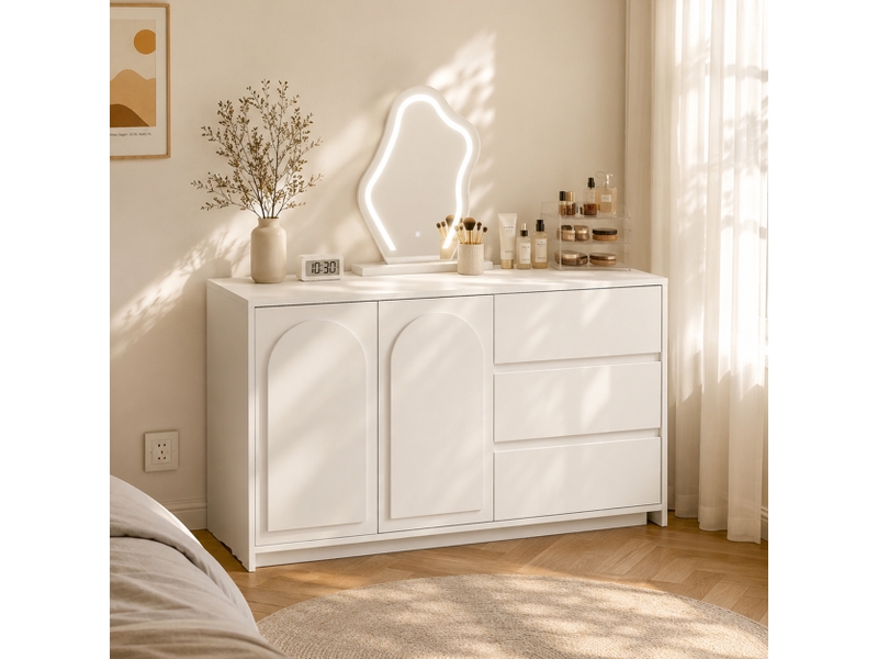  Coiffeuse commode extensible 140x40x75cm miroir led | design moderne blanc motifs en arche | 3 tiroirs coulissants - blanc  - Conforama D