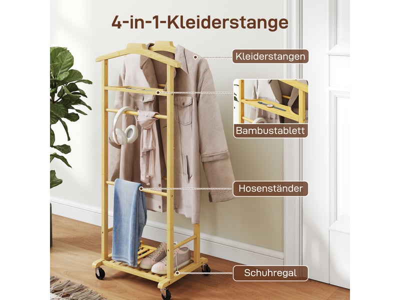  Kleiderständer mit rollen, garderobenständer mit doppelstangen aus bambus, schuhablage, ablagetablett, hosenhalter  - Conforama D