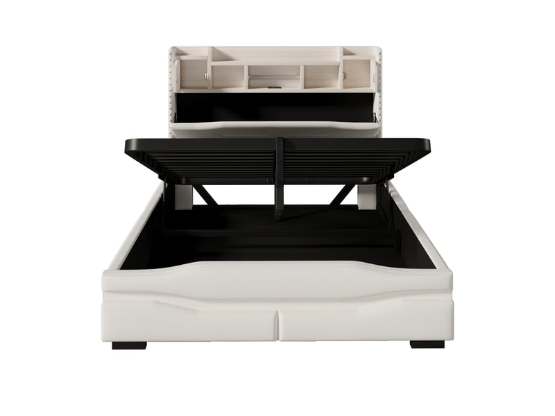  Lit rembourré, 140 x 200 cm, avec prise de chargement usb-c, éclairage d'ambiance sous le lit, tête de lit avec compartiment de rangement, lit coffre hydraulique, sans matelas, avec éclairage led, beige  - Conforama D