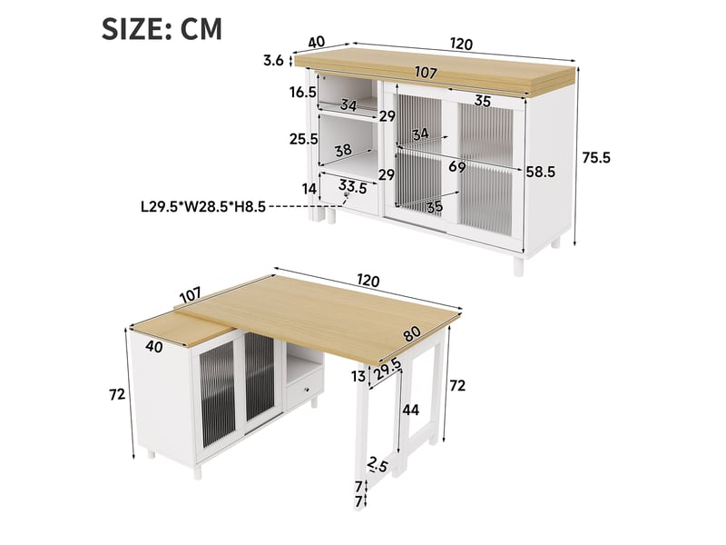  Table à manger pliante extensible 120x40x75,5 cm, panneau de fibres blanc et naturel, avec rangement et porte en verre  - Conforama C