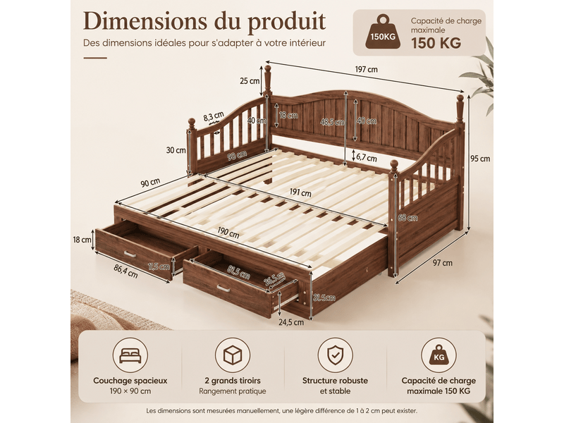  Lit banquette extensible 90x190 cm convertible en 180x190 cm en bois massif, avec tiroirs, sommier à lattes et dossier courbé - noyer  - Conforama C