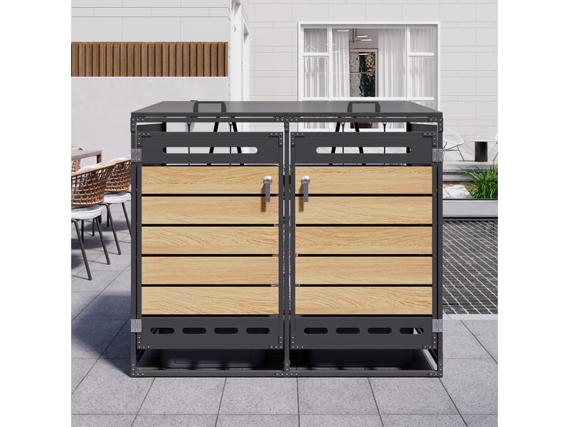 Coffre à poubelles double en fer antirouille, couvercle hydraulique, revêtement imitation bois, ventilation et serrures. - Conforama C