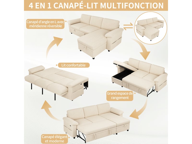 Canapé d'angle réversible convertible 3 places tissu beige coffre de rangement - Conforama E