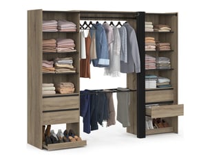 Dressing double xxl meryl 220 cm avec porte pantalons + étagères + tiroirs + rangements à chaussures hêtre et noir