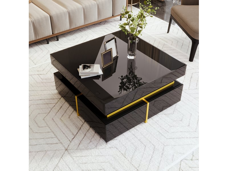  Table basse carrée 70 x 70 cm noire brillante, 2 tiroirs et accents dorés  - Conforama B