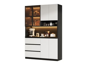 Buffet haut led 120,5 x 40 x 180 cm meuble de rangement cuisine avec 6 portes, 3 tiroirs et espace micro-ondes, blanc et noir
