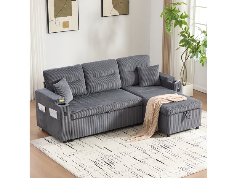  Canapé 3 places 212,5x136x86cm, porte-verres et ports usb-c, avec espace de rangement, confortable et tendre, velours côtelé gris carbone  - Conforama E