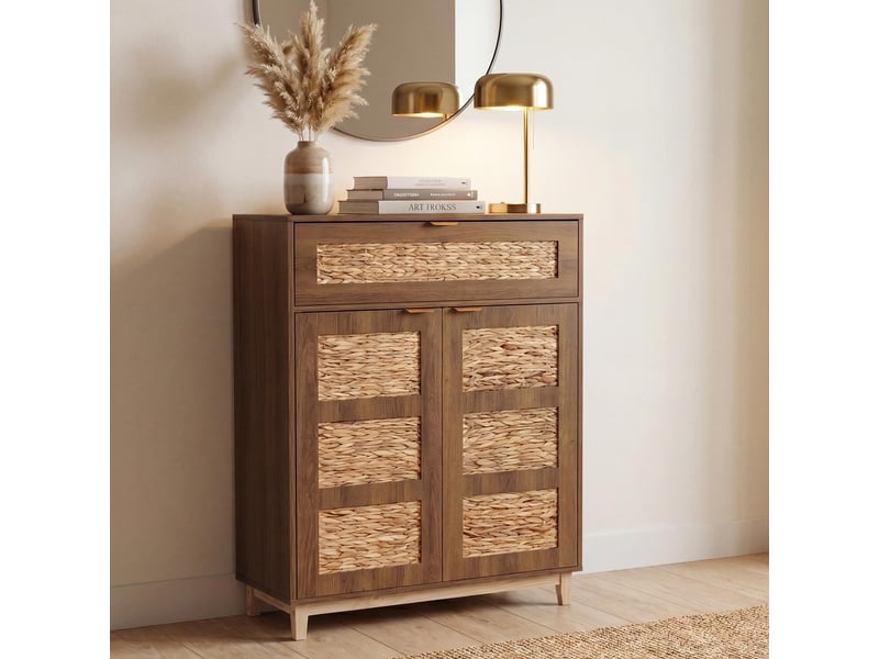  Commode hwc-p54, buffet haut, mdf mélaminé, façade en jonc d'eau, 115 x 80 x 35 cm - marron  - Conforama B