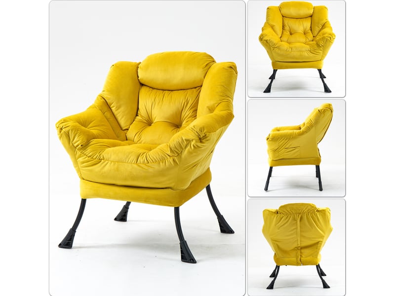 Fauteuil relaxant en velours jaune avec poche latérale et structure métallique - Conforama D