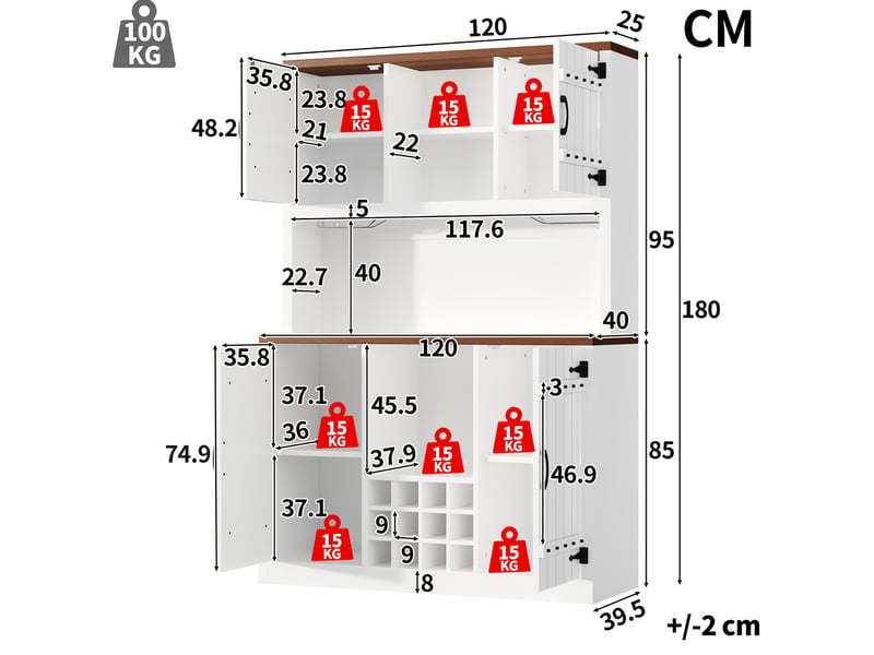  Haut meuble de cuisine 120x40x180 cm à portes style grange avec éclairage rgb led, rangements fermés et étagère ouverte, aspect vintage industriel, étagères réglables, porte-bouteilles, mdf, blanc  - Conforama C