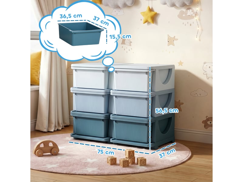  Organisateur de jouets pour enfants à 3 niveaux avec 6 tiroirs, boîtes de rangement en plastique, bleu, 75x37x56,5cm  - Conforama C