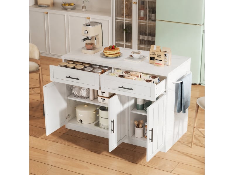 Îlot de cuisine avec prises et ports usb, espace bar, rangement 120 x 60 x 91 cm blanc - Conforama C