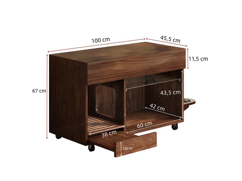  Meuble litière mobile décor bois foncé 100 cm avec 2 gamelles, tiroirs et plateau récupérateur amovible pratique  - Conforama C