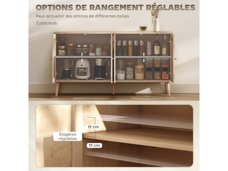  Buffet salon meuble de rangement placards à portes en cannage et étagère réglable effet bois naturel 140 x 40 x 75 cm  - Conforama A