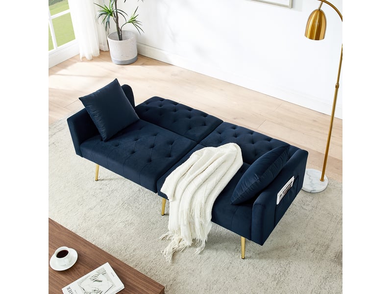  Canapé 2 places convertible 177x78x74 cm, dossier 3 positions, deux coussins, pieds métal, velours, bleu  - Conforama D