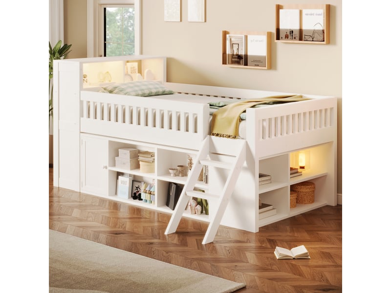  Lit mezzanine 120x200 cm blanc, avec rangements, étagères ouvertes, placard, led au chevet, échelle, sommier inclus, sans matelas  - Conforama W