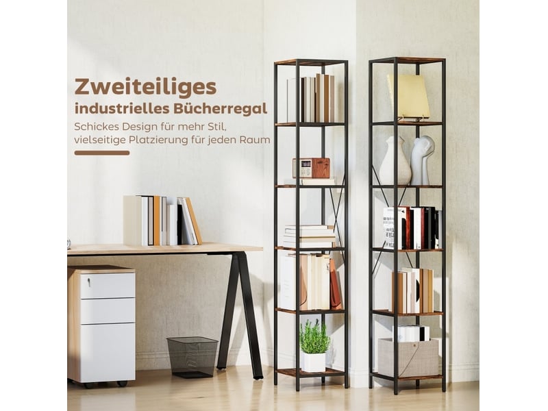  Bibliothèque lot de 2 avec 6 étagères, cadre acier et croisillons, pour salon, bureau et chambre, marron rustique  - Conforama E