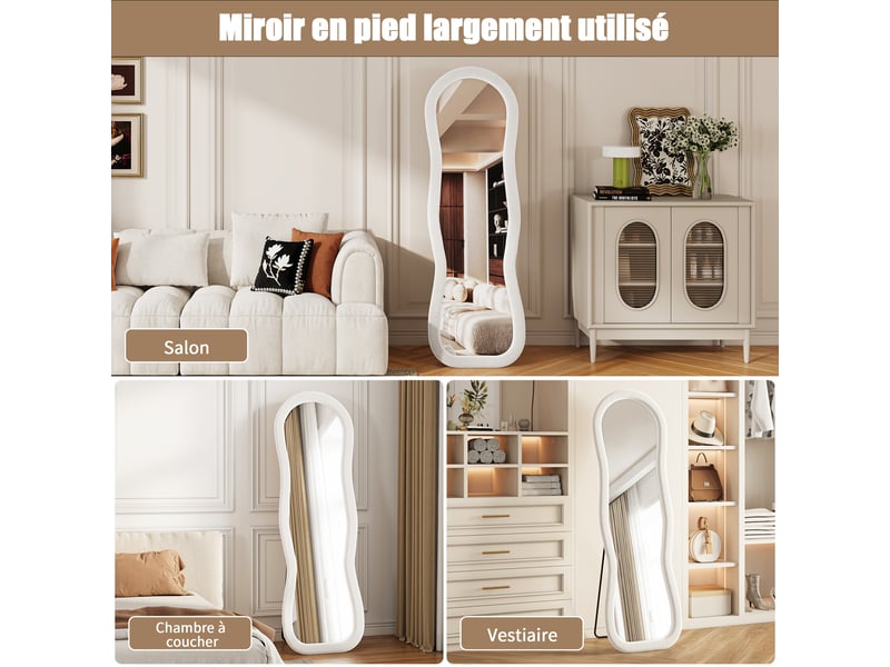 Miroir sur pied 160x50 cm blanc,miroir décoratif ,ondulé irrégulier,grand miroir mural avec cadre en flanelle,verre trempé - Conforama R