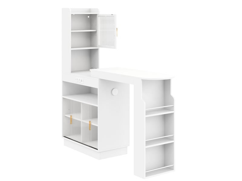  Table bar extensible avec rangements, led et prises pour cuisine en mdf 131–170×40×170 cm blanche  - Conforama D