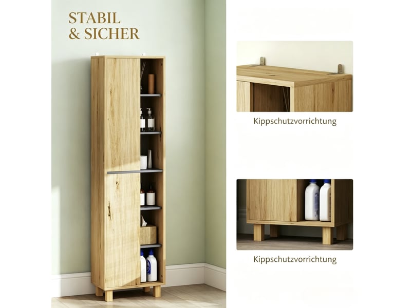  Armoire de salle de bain haute avec 6 compartiments ouverts et 2 portes, unité de rangement pour la maison  - Conforama E