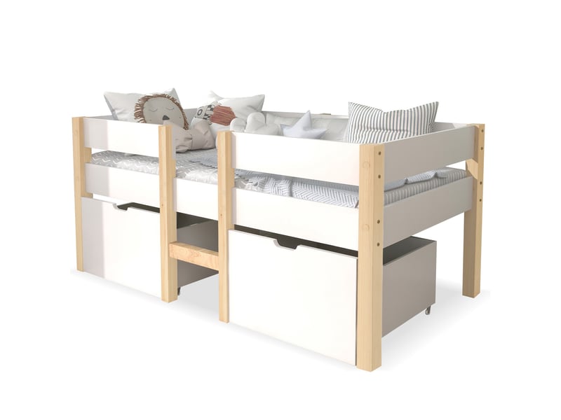  Lit enfant mi-hauteur 90x200 cm avec tiroir et protection anti-chute, bois de pin+mdf blanc &amp; chêne sans matelas  - Conforama A