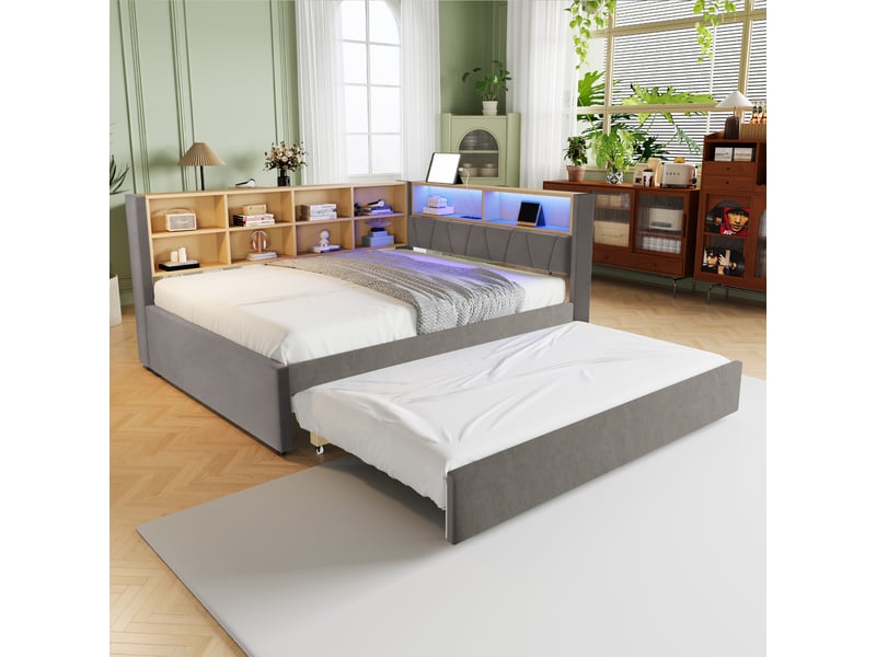  Canapé-lit 140*200 cm avec lit gigogne 90*190 cm, led, usb, rangements, gris foncé et cadre stable multifonctionnel  - Conforama E