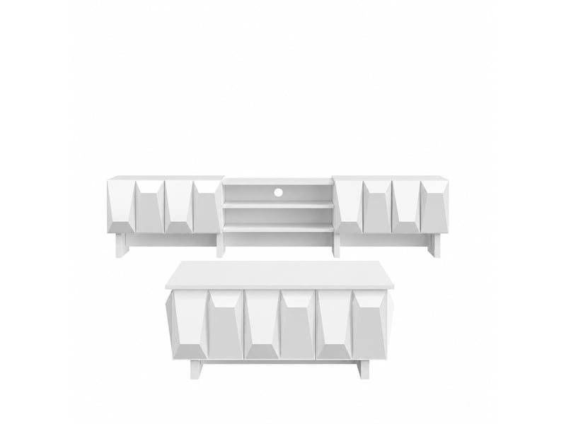  Ensemble meuble tv et table basse blanc avec façades à relief géométrique  - Conforama A