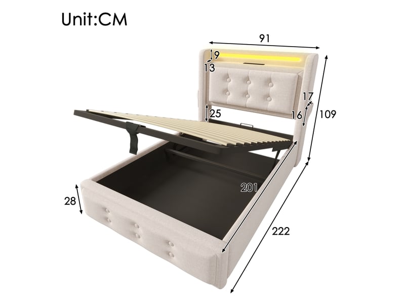  Lit rembourré 90 × 200 cm 1 place avec coffre, led réglable, usb et type-c, matelas inclus, beige  - Conforama D